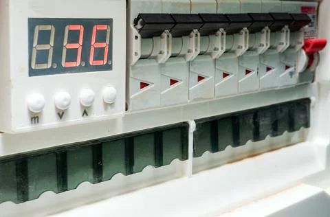 Electric shield current stabilizer. Electrical panel with switches and curr.. Stock Photos