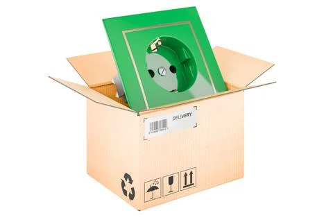 Electric socket inside cardboard box, delivery concept, 3D rendering Illustrazione stock
