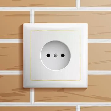 Electric Socket Vector. Modern European Plastic Electrical Outlet. Brick Wall Stock Illustration