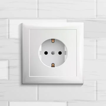 Electric Socket Vector. Plastic Standard Panel. Brick Wall. Realistic Illustrazione stock