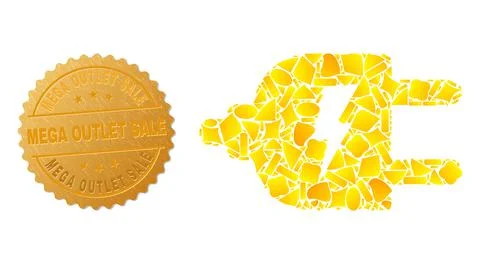 Electric Source Icon Collage of Golden Spots and Metal Mega Outlet Sale Badge Stock Illustration