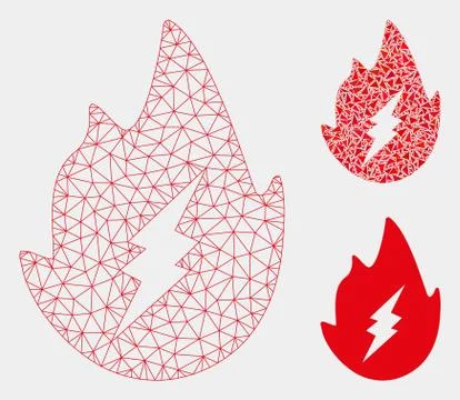 Electric Spark Flame Vector Mesh Network Model and Triangle Mosaic Icon イラスト素材