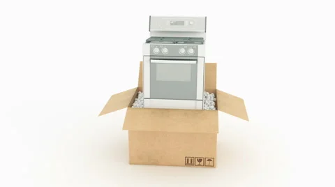 Electric stove in cardboard box Stock Footage