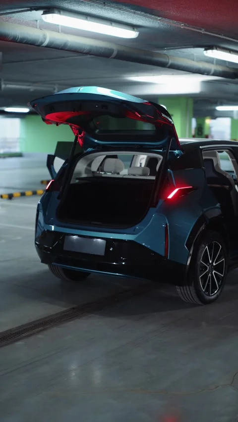 Electric SUV with open trunk and doors in underground garage Vídeos de archivo 318417755