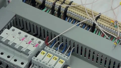 Electric switchboard cabinet with cables and circuit breakers to protect against Stock Footage 194511245