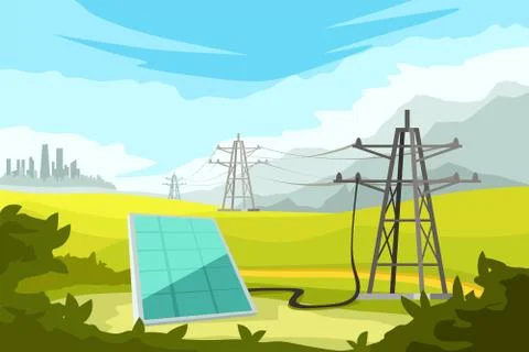 Electric system with solar panel in nature Stock Illustration