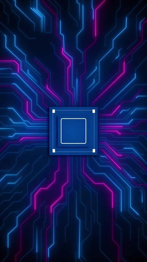 Electric technology board scene microchip module, luminous circuit routes, viole Stock Footage 340452941