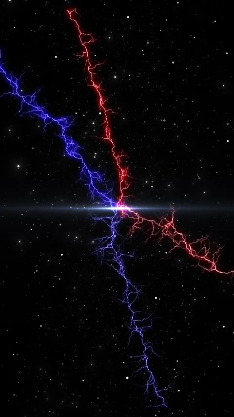 Electric thunder bolt cosmic overlay branching red blue streaks, scattered white Stock Footage 340455944