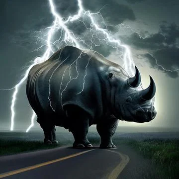 Electric thunder rhino standing with clouds and thunder and lightning digit.. Stock-Illustration