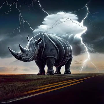 Electric thunder rhino standing with clouds and thunder and lightning digit.. Stock-Illustration
