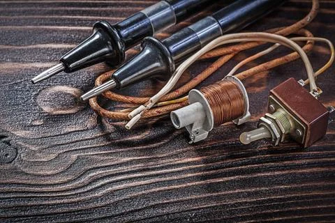 Electric toggle switch vintage electrical tester transformer with copper wire Stock Photos