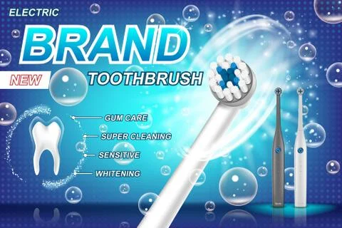 Electric toothbrush ads. Tooth model and product package design concept. vibrant Stock Illustration