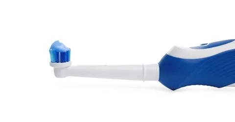 Electric toothbrush with paste on white background, closeup 스톡 사진
