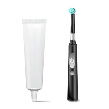 Electric Toothbrush, Toothpaste Tube Vector. Realistic Classic Tooth Brush Mock Stock Illustration