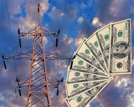 Electric tower high voltage post  with american dollars banknote Foto stock