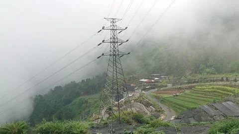 Electric tower in the middle of the forest with a thin mist passing through it Stock Footage 289387120