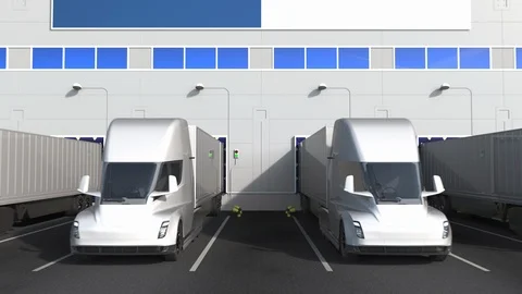 Electric trailer trucks at warehouse loading dock with flag of PANAMA. Panamian Stock Footage 125524766