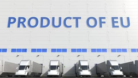 Electric trailer trucks at warehouse loading dock with PRODUCT OF EU text Stock Illustration