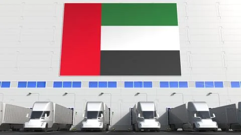 Electric trailer trucks at warehouse loading dock with flag of UAE. United Arab Stock Illustration