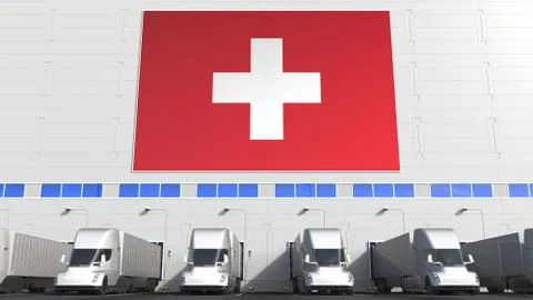 Electric trailer trucks at warehouse loading dock with flag of SWITZERLAND Stock Illustration