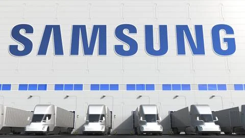 Electric trailer trucks at warehouse loading bay with SAMSUNG logo on the wall Stock Illustration