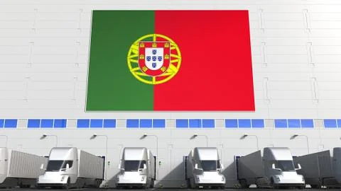 Electric trailer trucks at warehouse loading bay with flag of PORTUGAL Stock Illustration