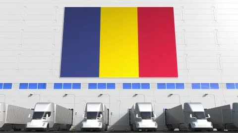 Electric trailer trucks at warehouse loading bay with flag of ROMANIA. Romanian Stock Illustration