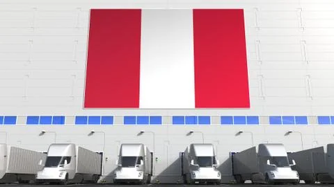 Electric trailer trucks at warehouse loading dock with flag of PERU. Peruvian Stock Illustration
