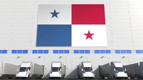 Electric trailer trucks at warehouse loading dock with flag of PANAMA. Panamian Stock Illustration