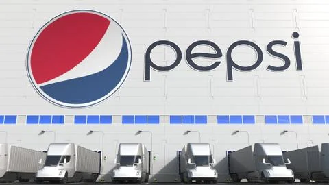 Electric trailer trucks at warehouse loading bay with PEPSI logo on the wall Stock Illustration