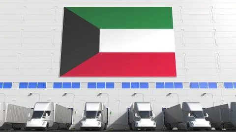 Electric trailer trucks at warehouse loading bay with flag of KUWAIT. Kuwaiti Stock Illustration