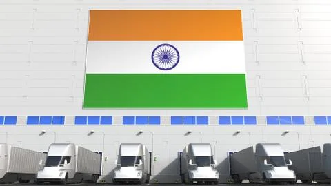 Electric trailer trucks at warehouse loading bay with flag of INDIA. Indian Stock Illustration