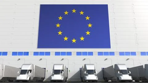Electric trailer trucks at warehouse loading dock with flag of EU. European Stock Illustration