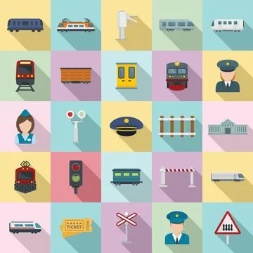 Electric train driver icons set, flat style Stock Illustration