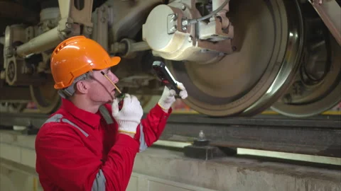 Electric train engineer use a walkie-talkie to inspect electric train Stock Footage 253792056
