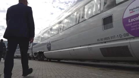 Electric train as exhibit on congress Stock Footage 220010440