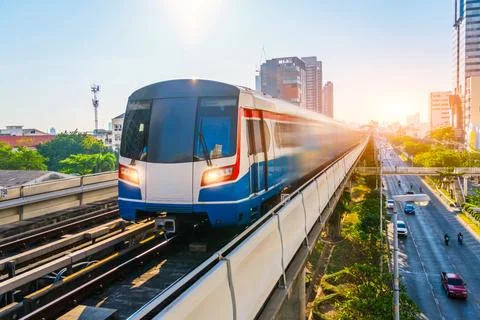 Electric train motion blur effect railway carriage rushes turn travels alon.. Stock Photos