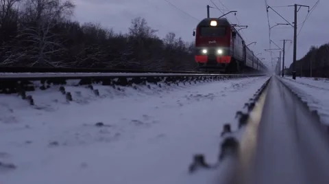 Electric train in motion in winter Stock Footage 58282202