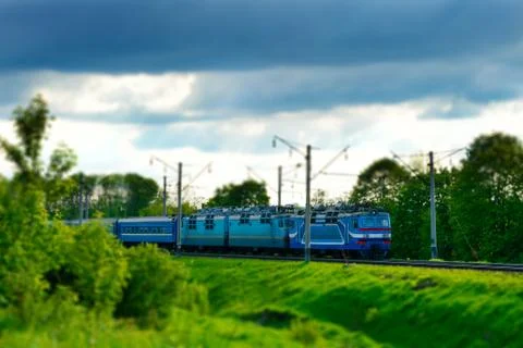 Electric train moves. Tilt shift. 库存照片