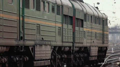 Electric train moving by rail. Outdated design. Soviet electric train traveling 스톡 동영상 169419086