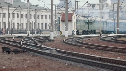 Electric train moving by rail. Outdated design. Soviet electric train traveling 스톡 동영상 171118716