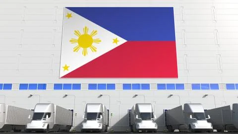 Electric trucks at warehouse loading bay with flag of THE PHILIPPINES. Logistics Stock Illustration
