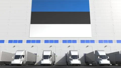Electric trucks at warehouse loading bay with flag of ESTONIA. Estonian Stock Illustration