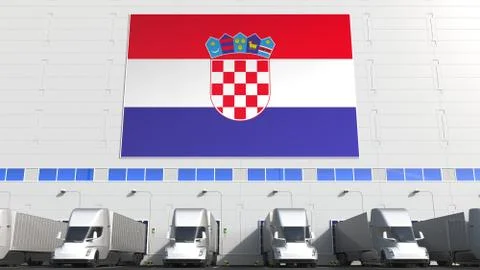 Electric trucks at warehouse loading bay with flag of CROATIA. Croatian Stock Illustration