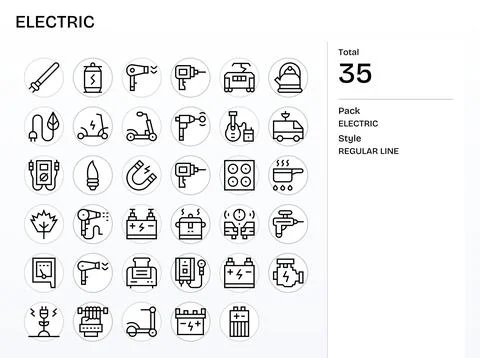 Electric Vector Graphics featuring 35 Regular Line Pixel Optimized 256x256 .. Stock Illustration