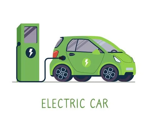 The electric vehicle charges the battery using a charging station. Clean Stock-Illustration