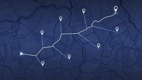 Electric vehicle charging network map with glowing route lines. Vector Stock Illustration