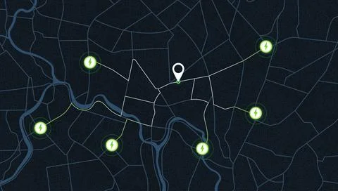Electric vehicle charging network map with green lightning icons. Vector Stock Illustration