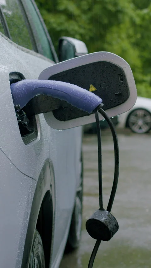 Electric vehicle charging process with a close-up of the charging port, cable Stock Footage 337430415