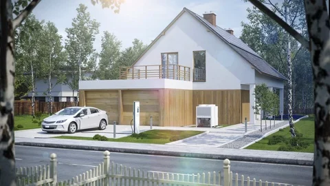 Electric vehicle of the future using smart electric car charging station at home Stock Footage 121586399